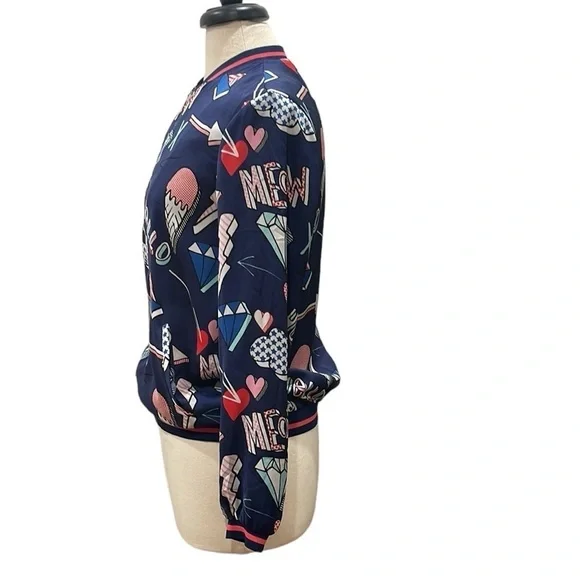 Zara TRF Outerwear Pop Art MEOW Bomber Jacket Navy Full Zip SZ S - Picture 5 of 8